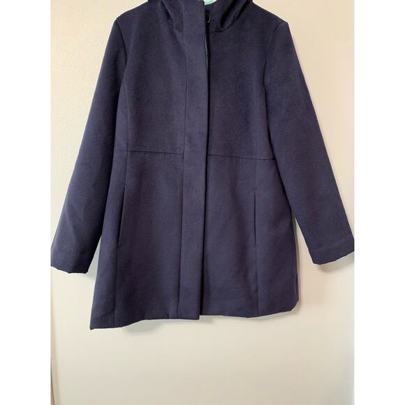 Chico's Hooded Faux Wool Coat Navy Blue With Teal Lining Mid Length Sz 1 (S) - Picture 5 of 16